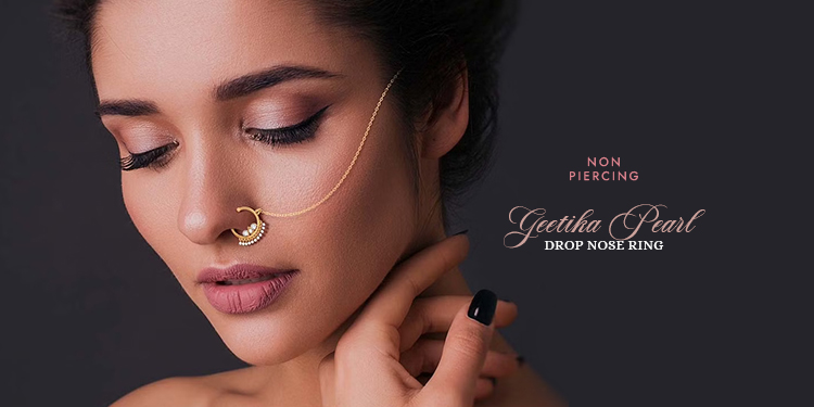 GEETIKA PEARL DROP NOSE RING | Nose Pin Without Piercing for Wedding