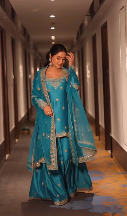 hina khan in blue sharara with diamond ring